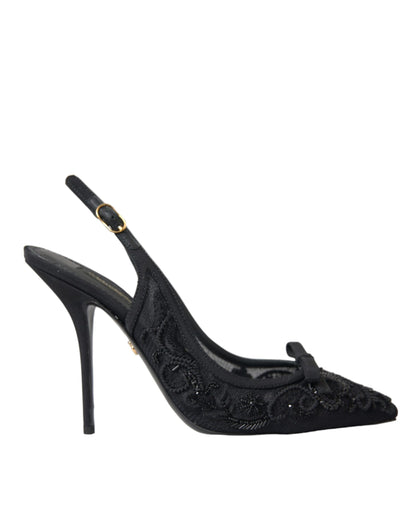 Dolce & Gabbana Black Tulle Ricamo Heels Slingbacks Shoes Dolce & Gabbana