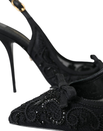 Dolce & Gabbana Black Tulle Ricamo Heels Slingbacks Shoes Dolce & Gabbana