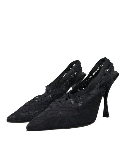 Dolce & Gabbana Black Lace Stretch Heels Slingbacks Shoes Dolce & Gabbana