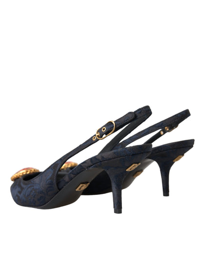 Dolce & Gabbana Blue Jacquard Crystal Slingback Heel Shoes Dolce & Gabbana