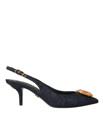 Dolce & Gabbana Blue Jacquard Crystal Slingback Heel Shoes Dolce & Gabbana