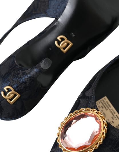 Dolce & Gabbana Blue Jacquard Crystal Slingback Heel Shoes Dolce & Gabbana