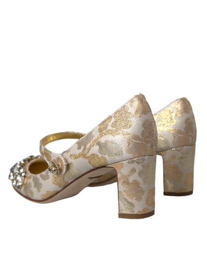 Dolce & Gabbana Gold Jacquard Crystal Mary Janes Pumps Shoes Dolce & Gabbana