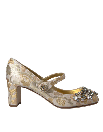 Dolce & Gabbana Gold Jacquard Crystal Mary Janes Pumps Shoes Dolce & Gabbana