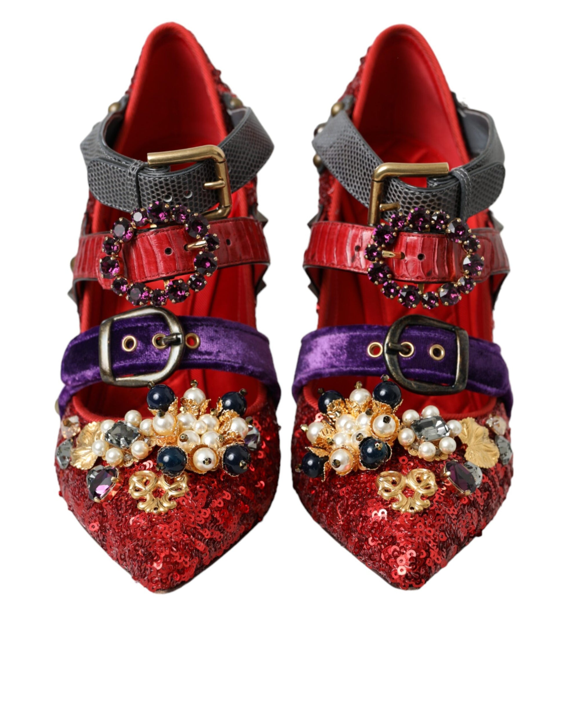 Dolce & Gabbana Red Sequined Crystal Mary Janes Pumps Shoes