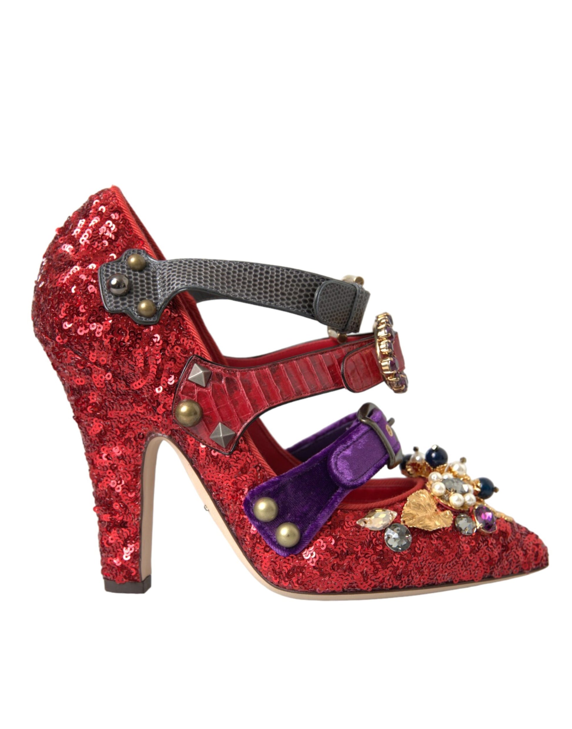 Dolce & Gabbana Red Sequined Crystal Mary Janes Pumps Shoes