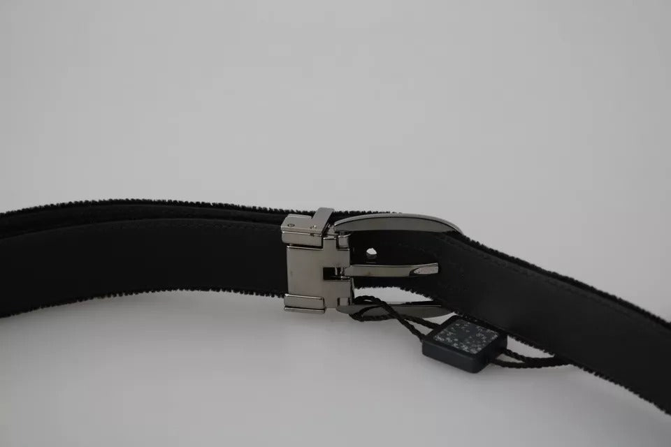 Dolce & Gabbana Black Velvet Silver Tone Metal Buckle Men Belt Dolce & Gabbana