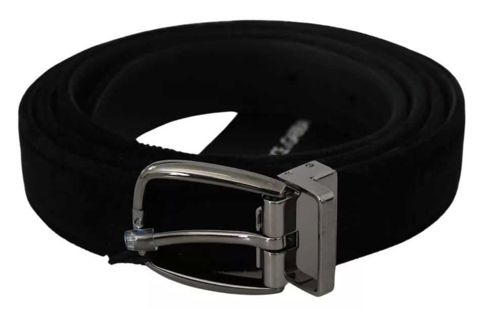 Dolce & Gabbana Black Velvet Silver Tone Metal Buckle Men Belt Dolce & Gabbana