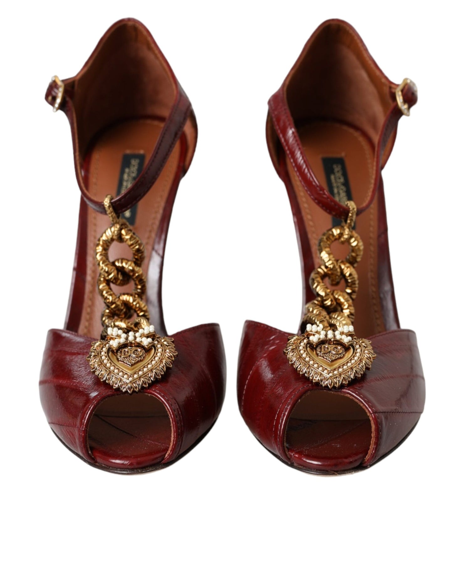 Dolce & Gabbana Dark Red Leather Gold Devotion Heart Sandals Shoes Dolce & Gabbana