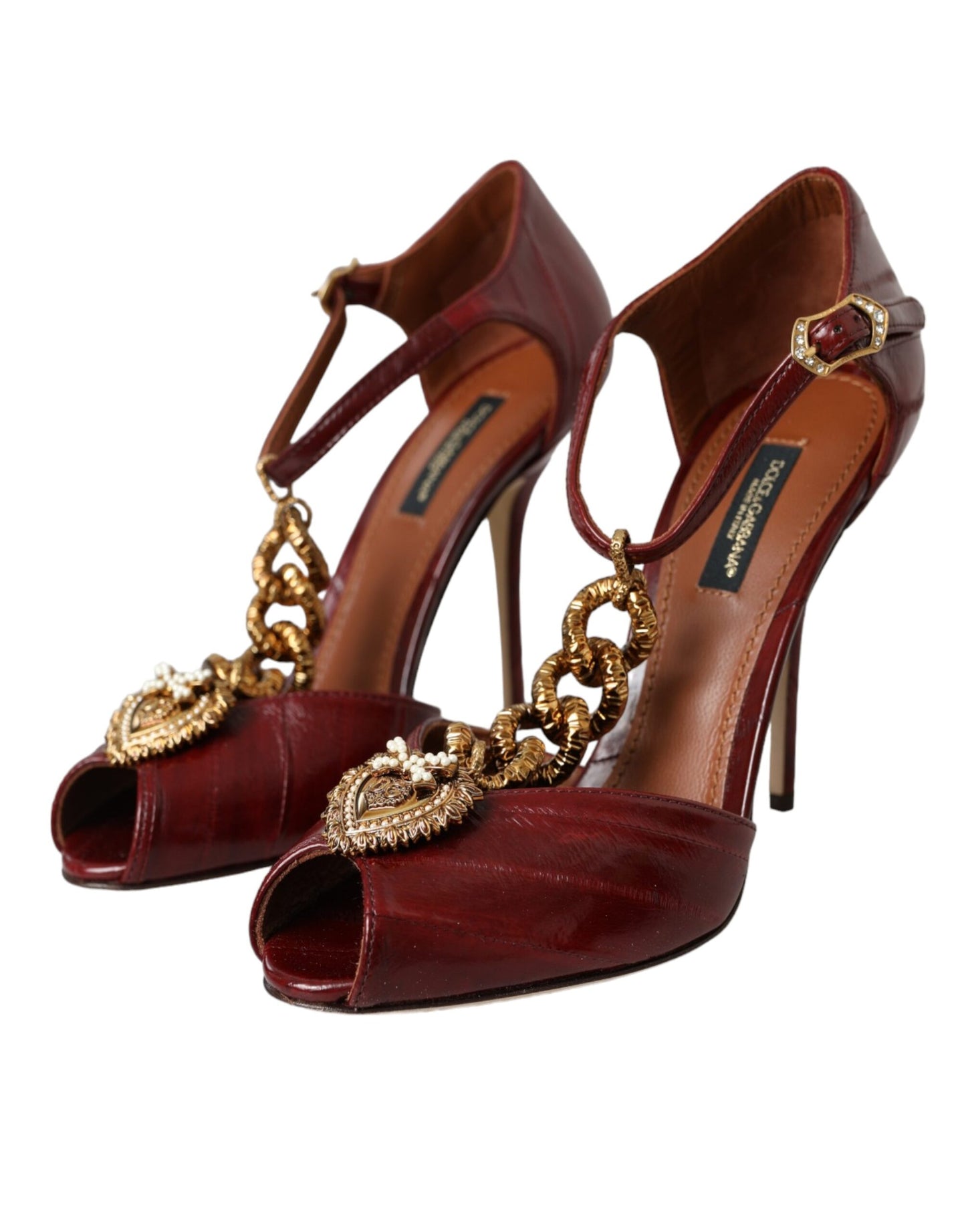 Dolce & Gabbana Dark Red Leather Gold Devotion Heart Sandals Shoes Dolce & Gabbana