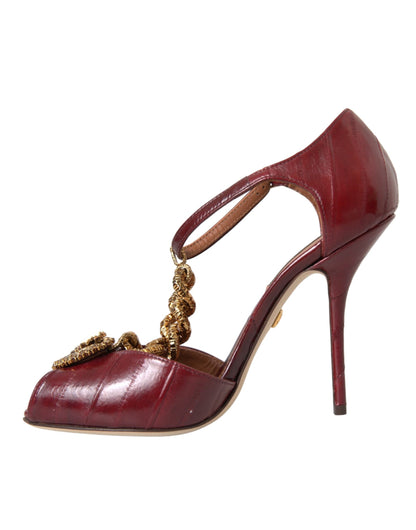 Dolce & Gabbana Dark Red Leather Gold Devotion Heart Sandals Shoes Dolce & Gabbana