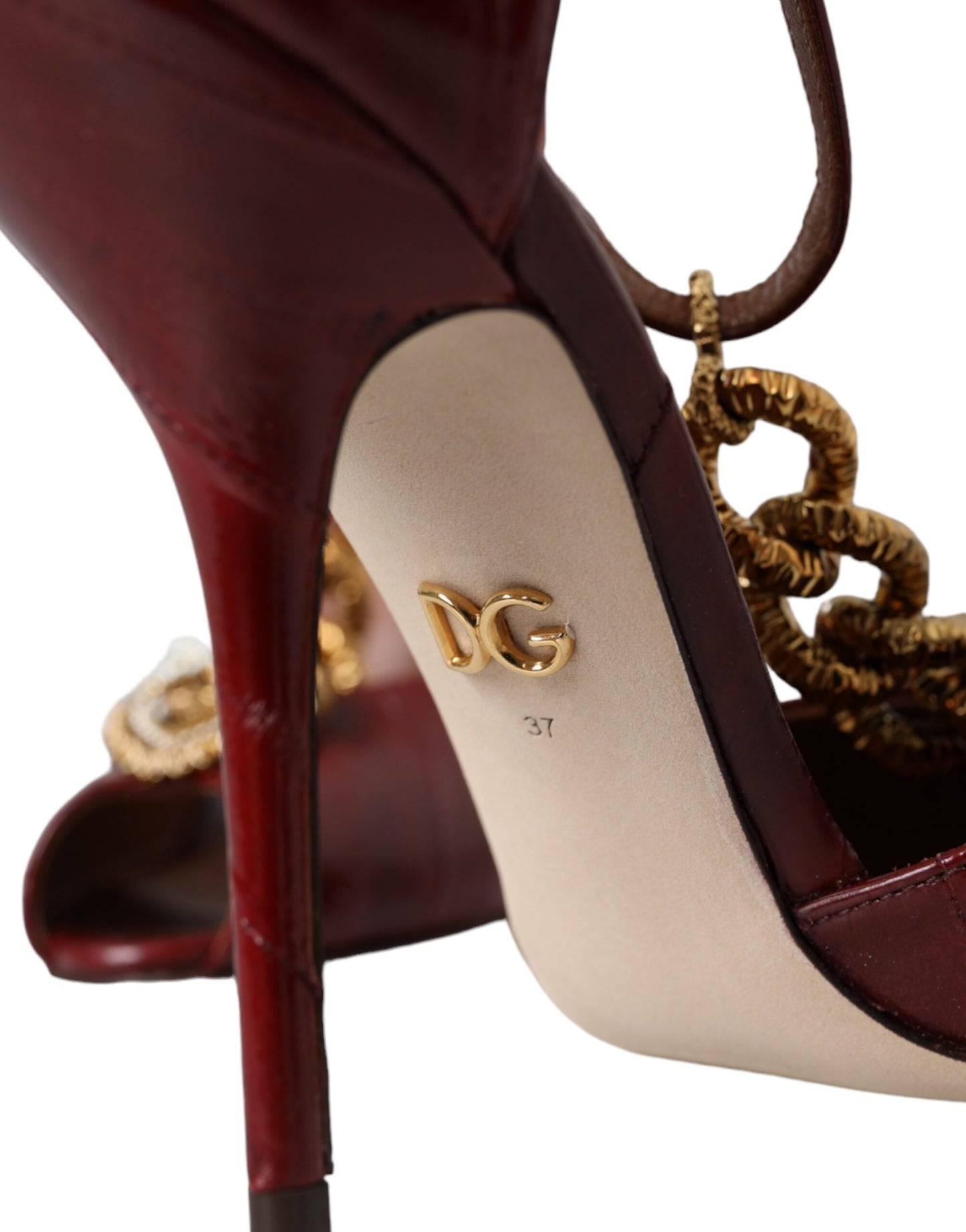 Dolce & Gabbana Dark Red Leather Gold Devotion Heart Sandals Shoes Dolce & Gabbana