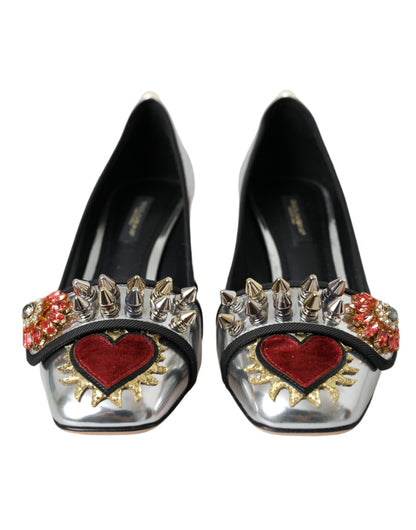 Dolce & Gabbana Silver Embellished Leather Heels Pumps Shoes Dolce & Gabbana