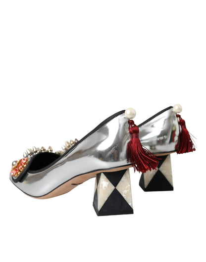 Dolce & Gabbana Silver Embellished Leather Heels Pumps Shoes Dolce & Gabbana