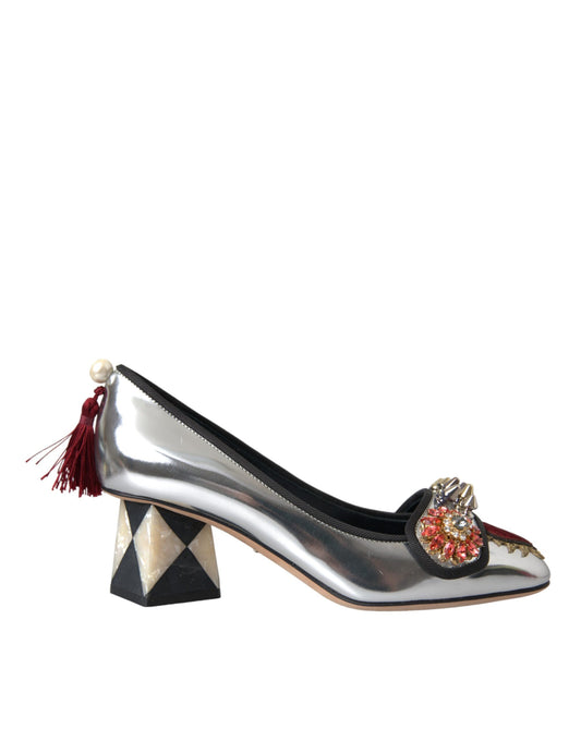 Dolce & Gabbana Silver Embellished Leather Heels Pumps Shoes Dolce & Gabbana