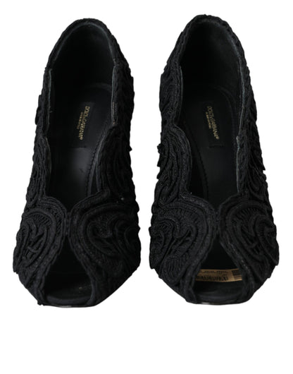 Dolce & Gabbana Black Cordonetto Ricamo Pump Open Toe Shoes Dolce & Gabbana