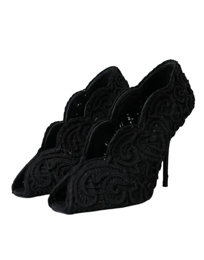 Dolce & Gabbana Black Cordonetto Ricamo Pump Open Toe Shoes Dolce & Gabbana