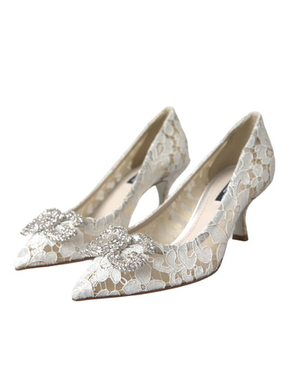 Dolce & Gabbana White Floral Lace DG Crystal Pumps Shoes Dolce & Gabbana