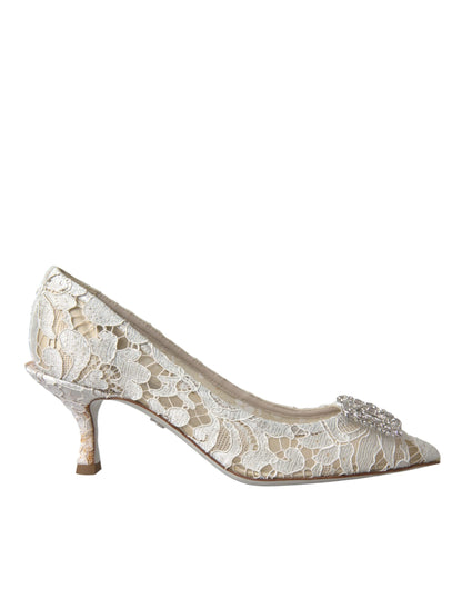 Dolce & Gabbana White Floral Lace DG Crystal Pumps Shoes Dolce & Gabbana