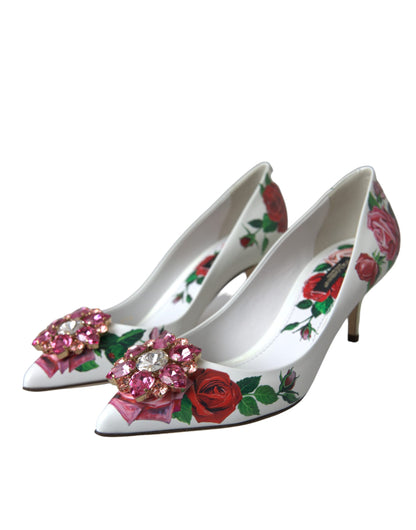 Dolce & Gabbana White Leather Roses Crystal Bellucci Pumps Shoes Dolce & Gabbana