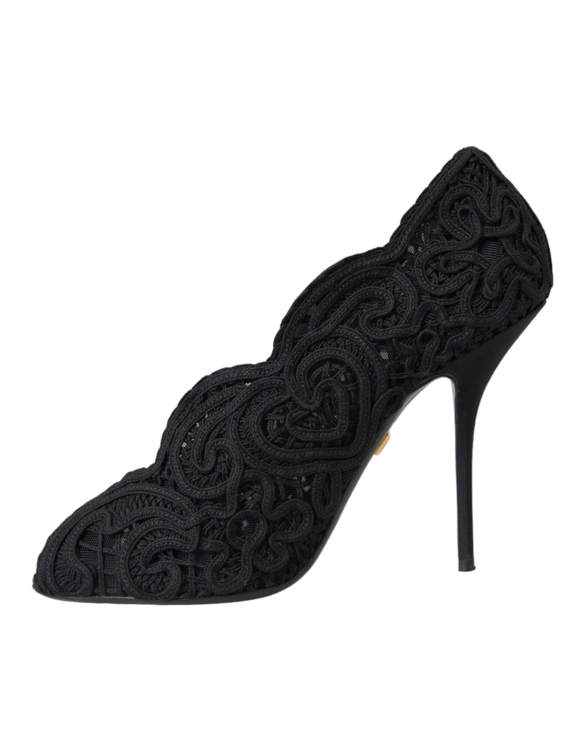 Dolce & Gabbana Black Cordonetto Ricamo Pump Open Toe Shoes