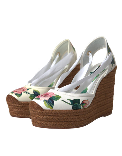 Dolce & Gabbana White Floral Wedge Heels Sandals Shoes Dolce & Gabbana