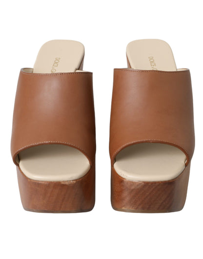 Dolce & Gabbana Brown Leather Wood Mules Wedge Slides Shoes Dolce & Gabbana