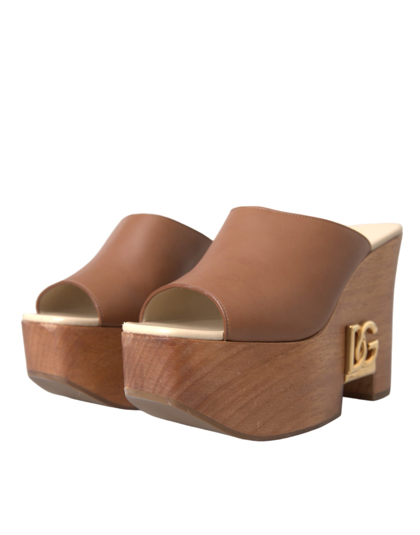 Dolce & Gabbana Brown Leather Wood Mules Wedge Slides Shoes Dolce & Gabbana