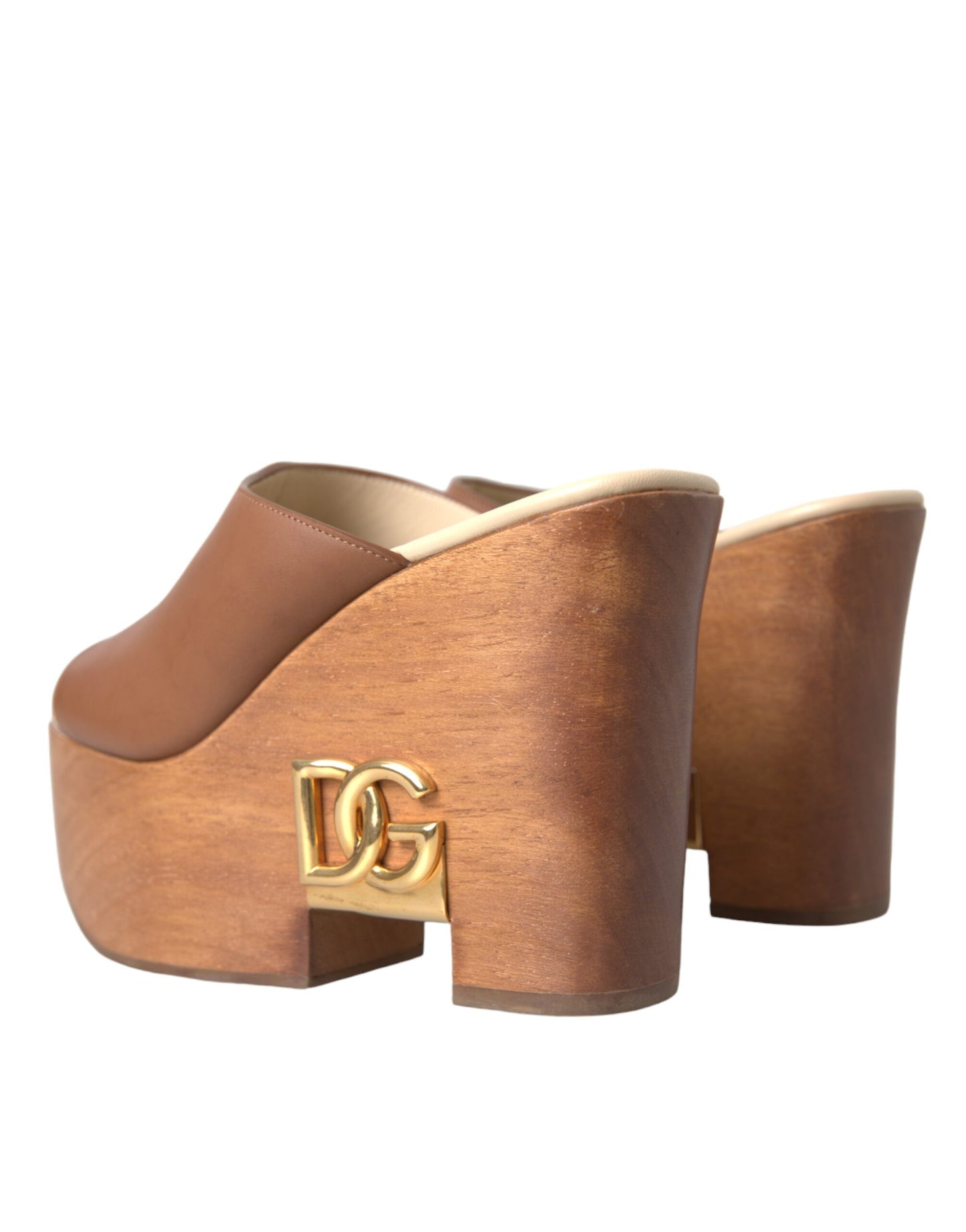 Dolce & Gabbana Brown Leather Wood Mules Wedge Slides Shoes Dolce & Gabbana