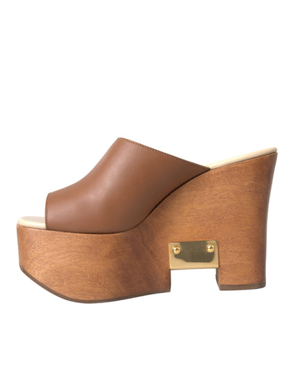 Dolce & Gabbana Brown Leather Wood Mules Wedge Slides Shoes Dolce & Gabbana