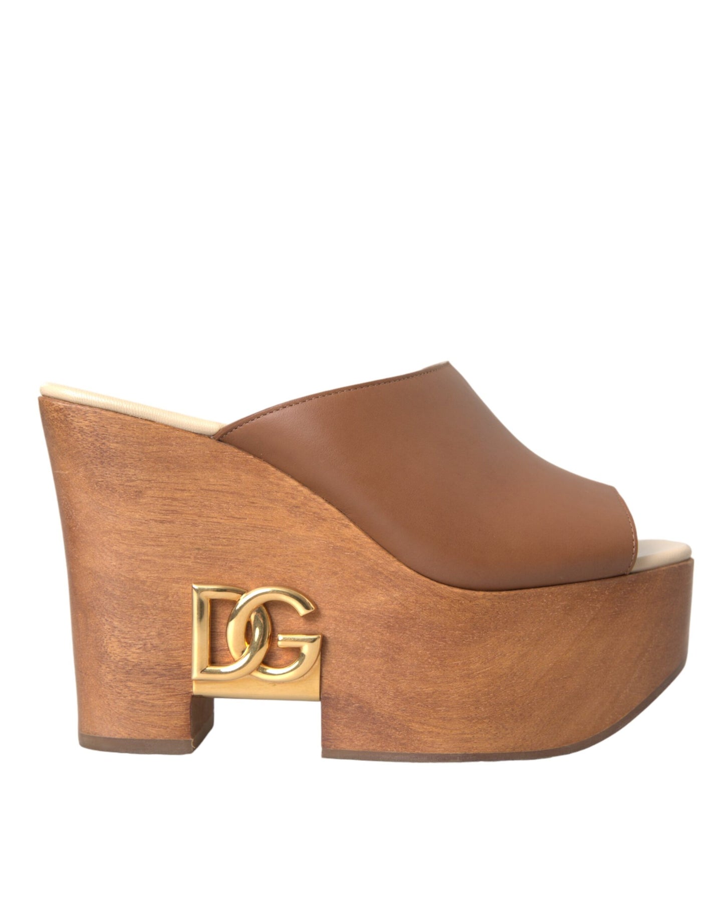 Dolce & Gabbana Brown Leather Wood Mules Wedge Slides Shoes Dolce & Gabbana