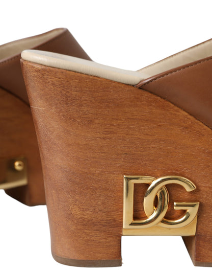 Dolce & Gabbana Brown Leather Wood Mules Wedge Slides Shoes Dolce & Gabbana