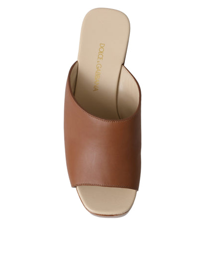 Dolce & Gabbana Brown Leather Wood Mules Wedge Slides Shoes Dolce & Gabbana