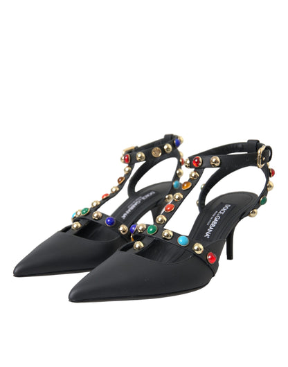 Dolce & Gabbana Black Leather Embellished Heels Sandal Shoes Dolce & Gabbana