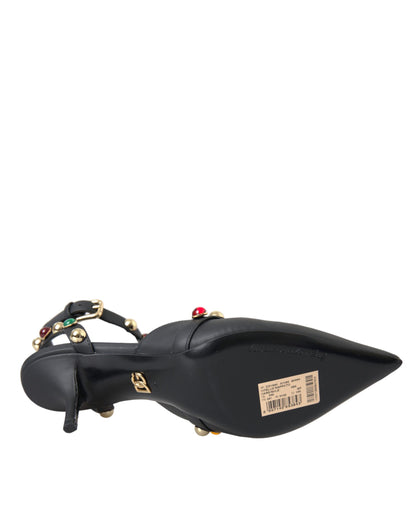 Dolce & Gabbana Black Leather Embellished Heels Sandal Shoes Dolce & Gabbana