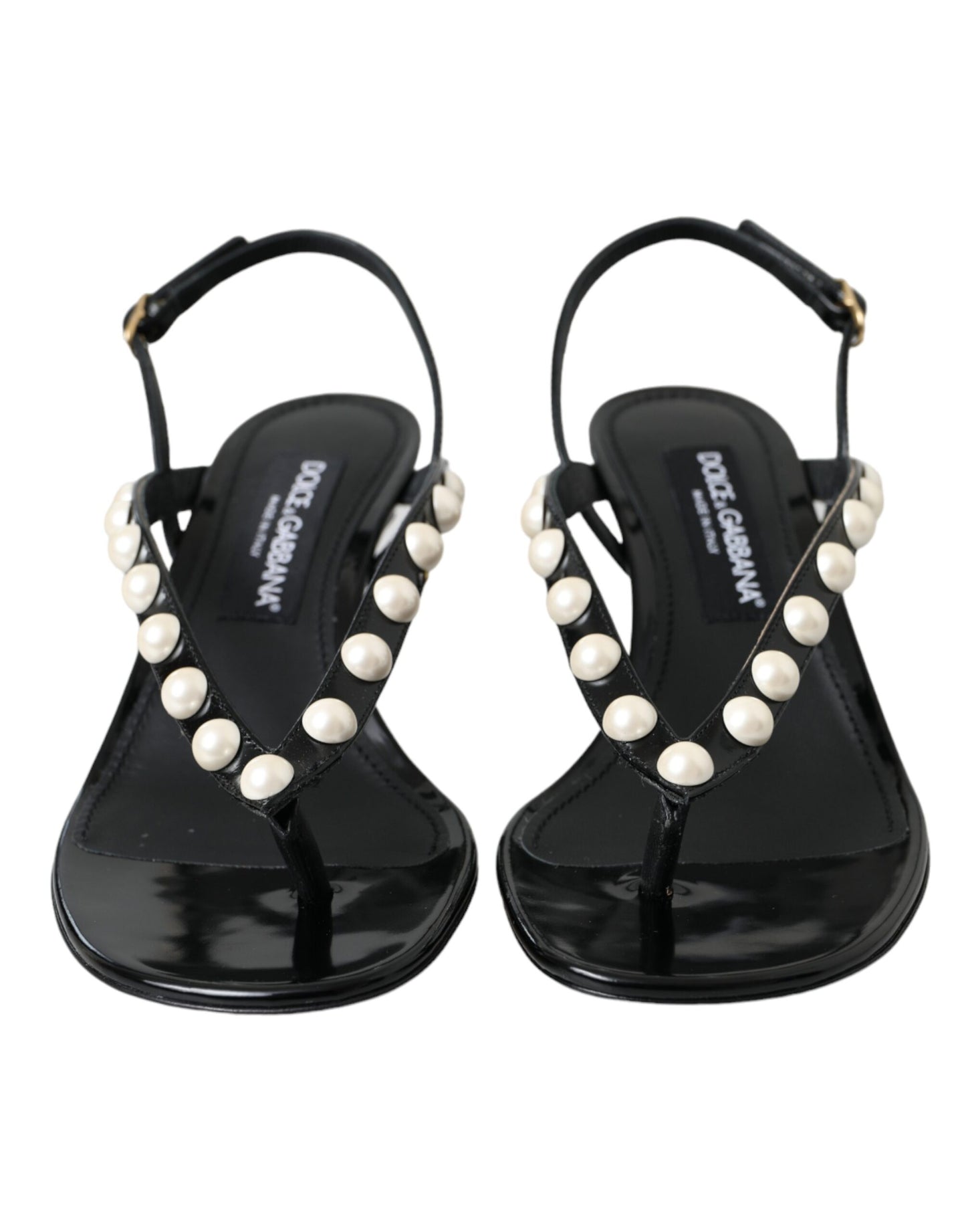 Dolce & Gabbana Black Leather Faux Pearl Heel Sandals Shoes Dolce & Gabbana