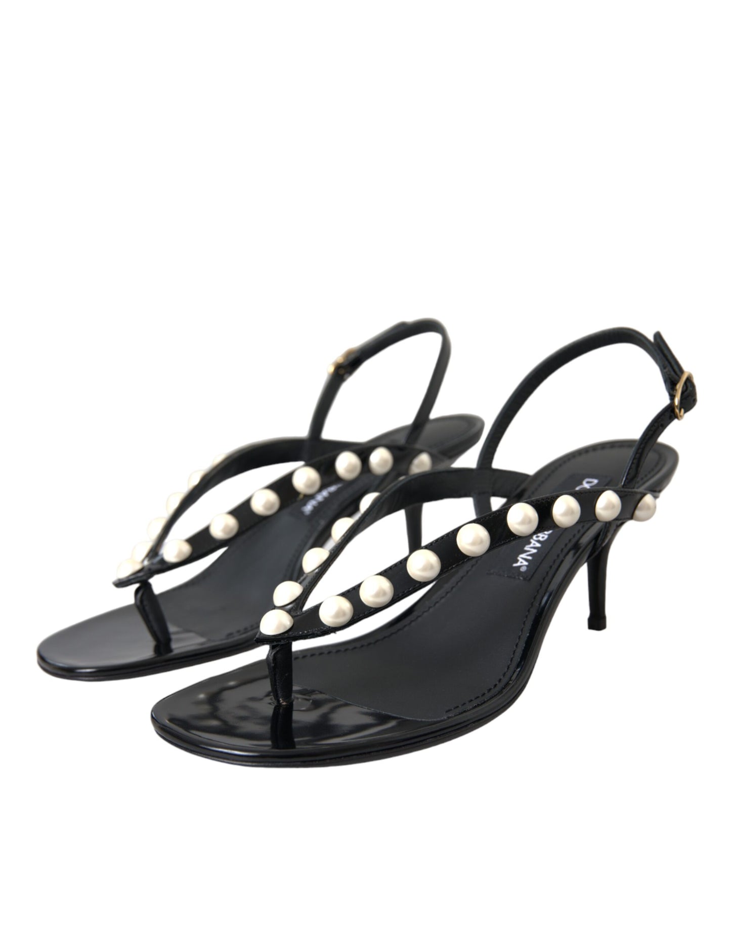 Dolce & Gabbana Black Leather Faux Pearl Heel Sandals Shoes Dolce & Gabbana