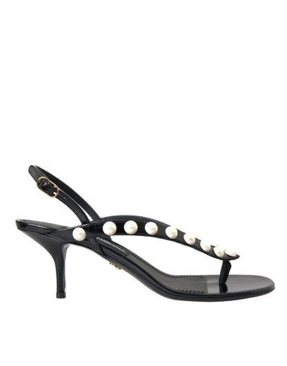 Dolce & Gabbana Black Leather Faux Pearl Heel Sandals Shoes Dolce & Gabbana