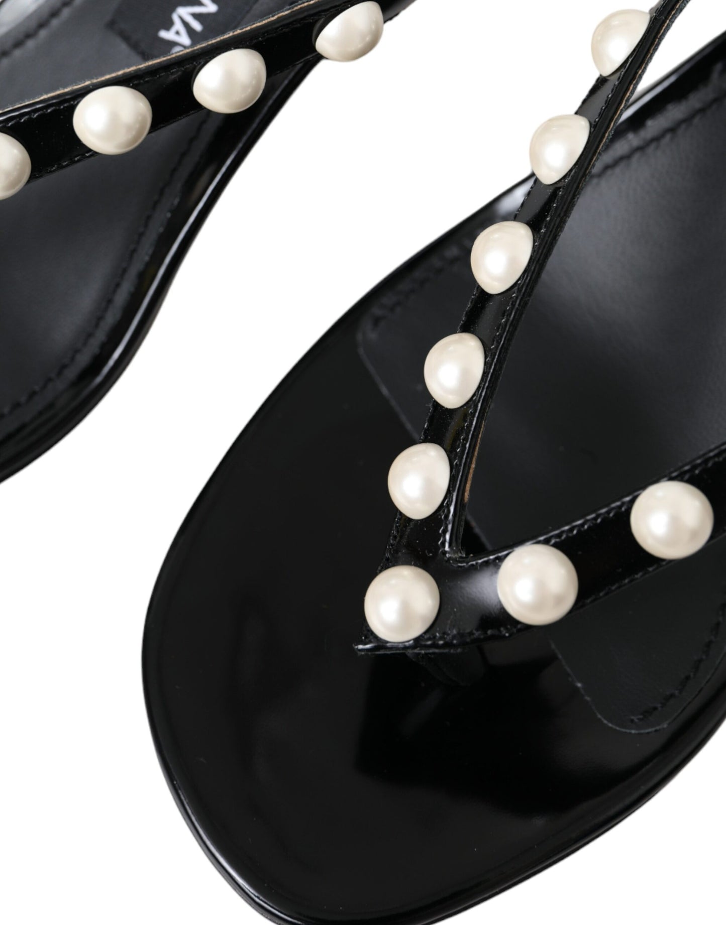 Dolce & Gabbana Black Leather Faux Pearl Heel Sandals Shoes Dolce & Gabbana