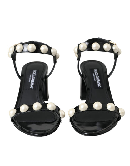 Dolce & Gabbana Black Leather Faux Pearl Heel Sandals Shoes Dolce & Gabbana