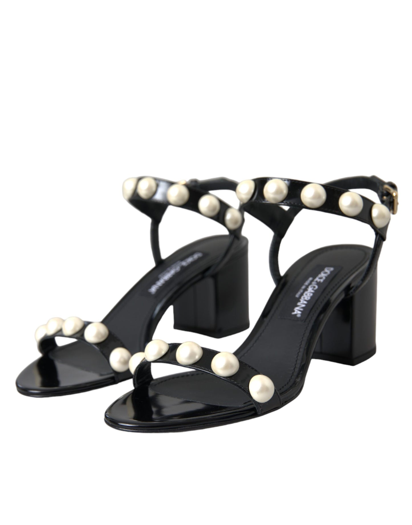 Dolce & Gabbana Black Leather Faux Pearl Heel Sandals Shoes Dolce & Gabbana