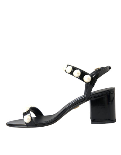 Dolce & Gabbana Black Leather Faux Pearl Heel Sandals Shoes Dolce & Gabbana