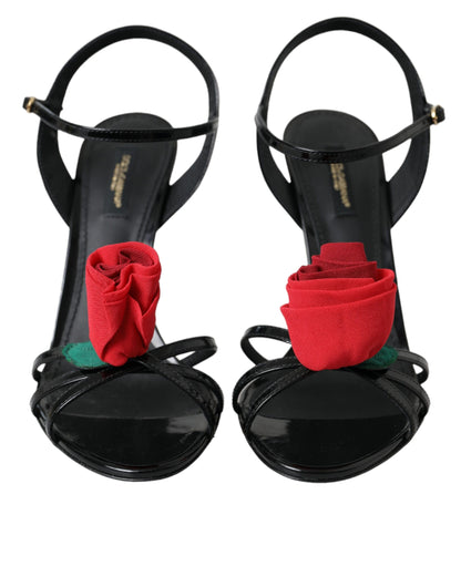 Dolce & Gabbana Black Leather Rose Ankle Strap Heels Sandals Shoes Dolce & Gabbana