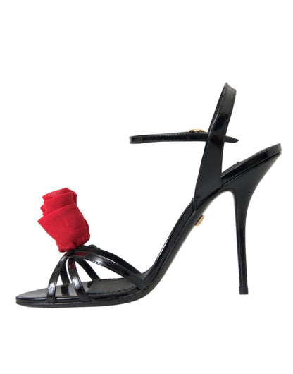 Dolce & Gabbana Black Leather Rose Ankle Strap Heels Sandals Shoes Dolce & Gabbana