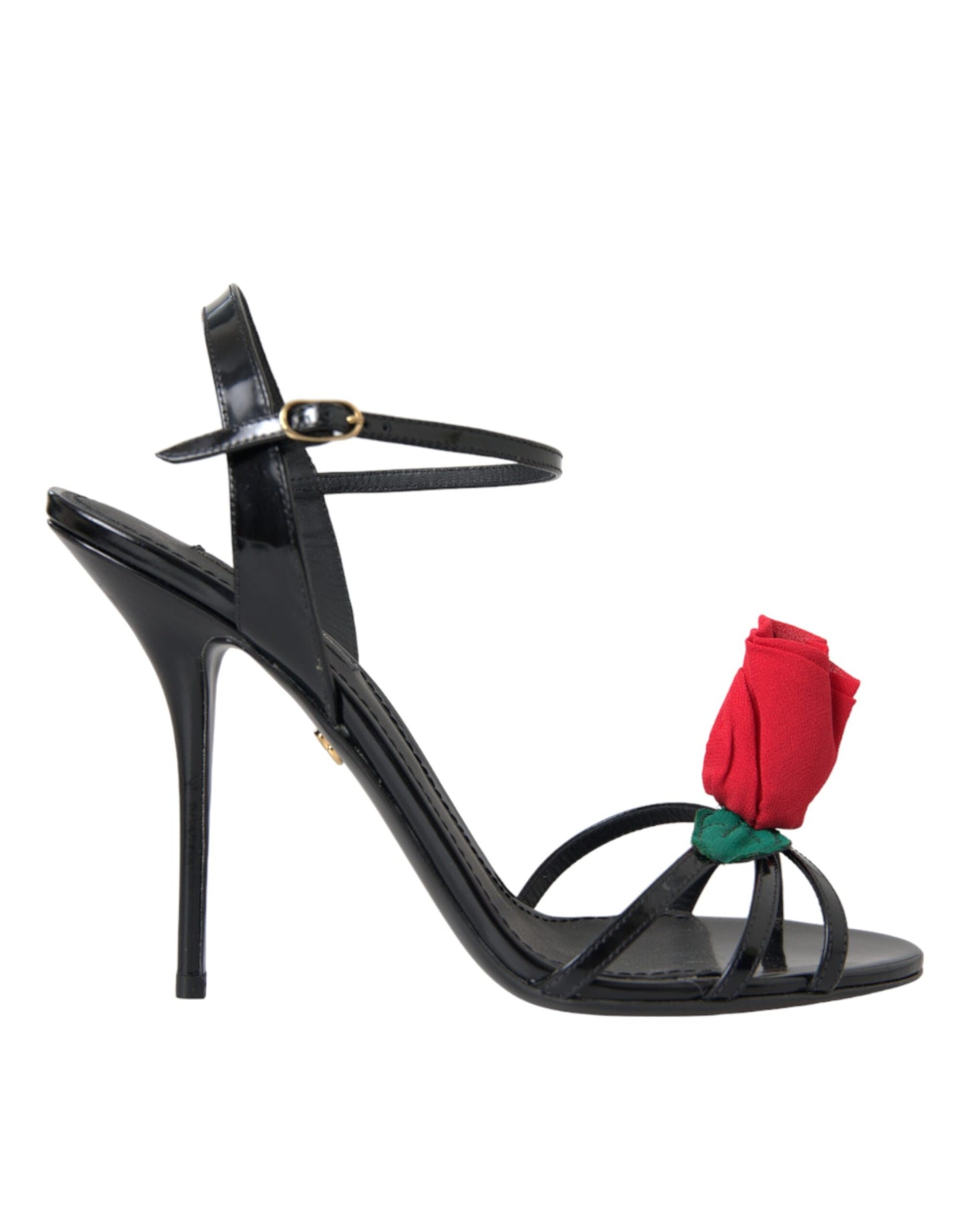 Dolce & Gabbana Black Leather Rose Ankle Strap Heels Sandals Shoes Dolce & Gabbana