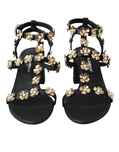 Dolce & Gabbana Black Leather Embellished Heel Sandal Shoes Dolce & Gabbana