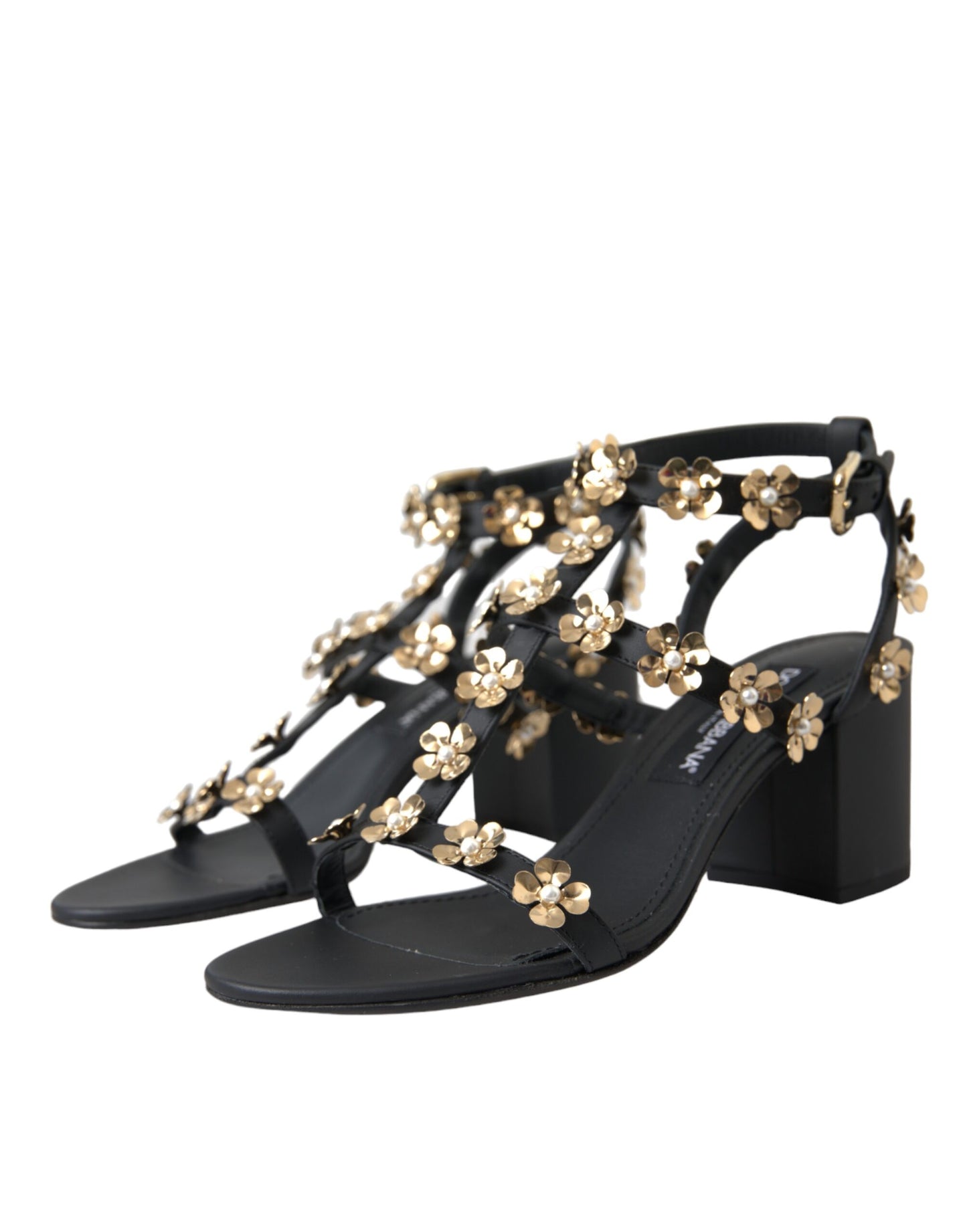 Dolce & Gabbana Black Leather Embellished Heel Sandal Shoes Dolce & Gabbana