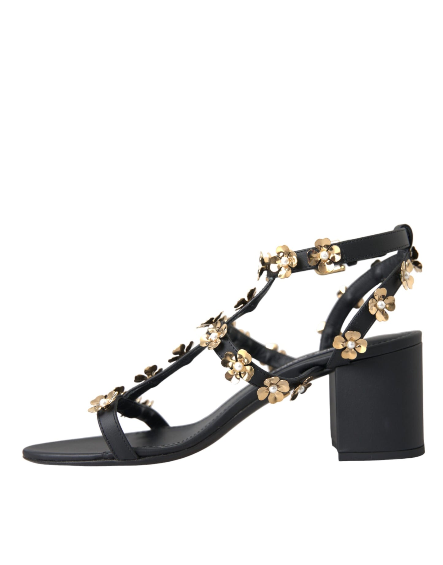 Dolce & Gabbana Black Leather Embellished Heel Sandal Shoes Dolce & Gabbana