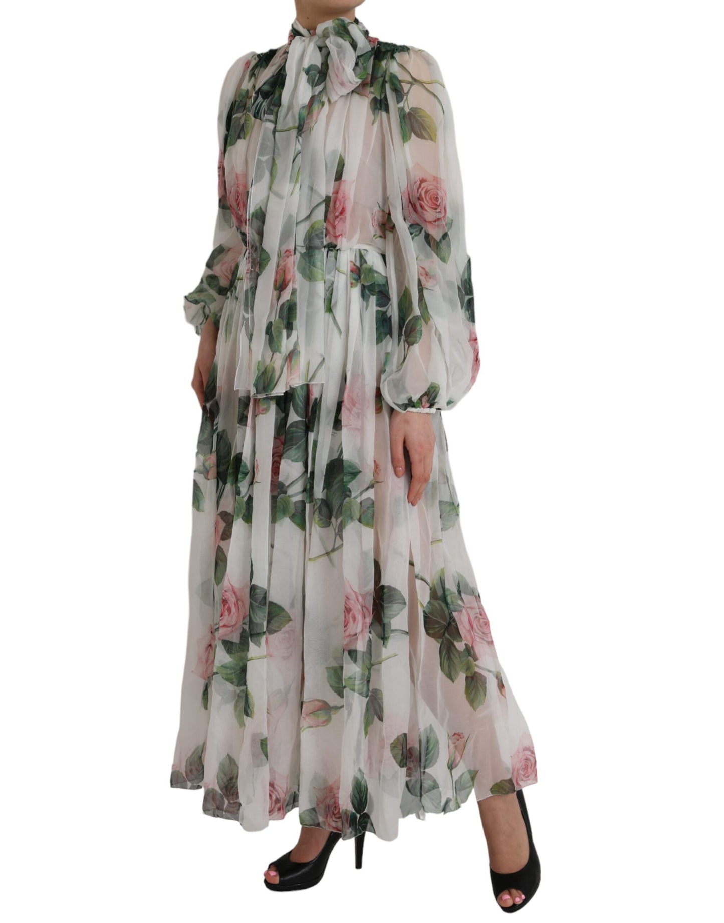 Dolce & Gabbana White Silk Floral Print Long Maxi Dress Dolce & Gabbana