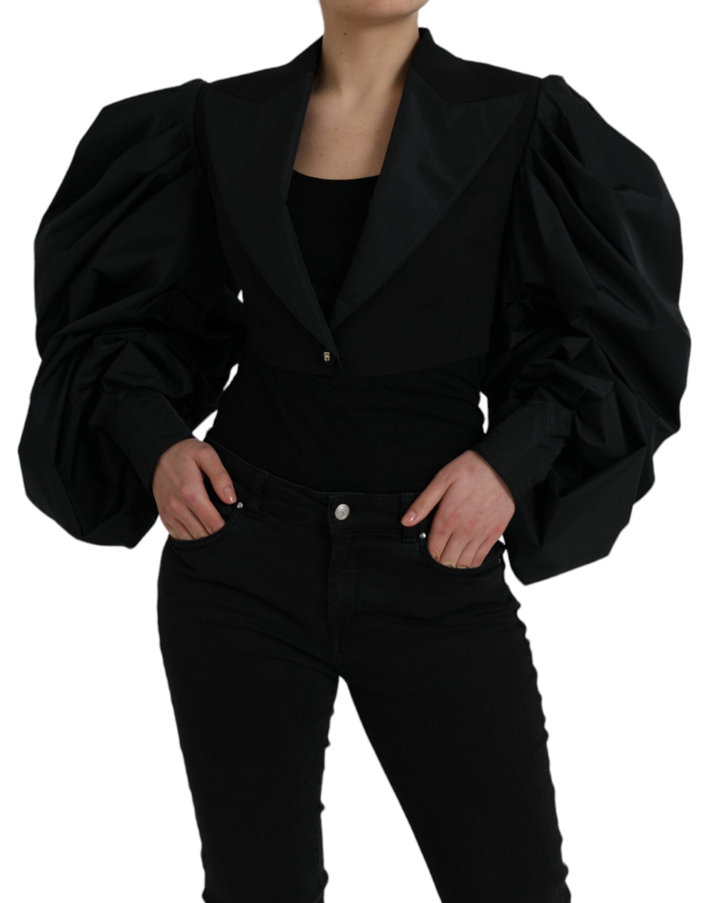 Dolce & Gabbana Black Polyester Puffed Sleeves Cropped Jacket Dolce & Gabbana